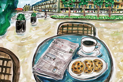 オープンカフェの丸テーブルの上にコーヒー、新聞、そして白い皿の上にチョコチップクッキーらしきものが３つ並んだ風景を描いた絵画