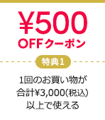 特典1 ￥500OFFクーポン 1回のお買い物が合計￥3,000(税込)以上で使える