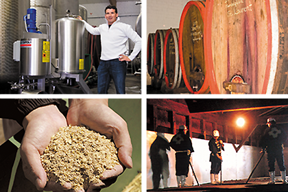 自分と等身大のタンクと並んでポーズをとる男性・樽・両手で掬い上げられた茶色い粉状のもの・醸造中の日本酒を長い棒でかき混ぜる3人の男性の写真が4分割にレイアウトされた画像