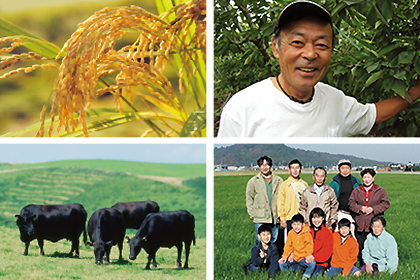 稲穂・農家の笑顔・黒毛牛・家族写真が4分割にレイアウトされた画像