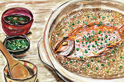 土鍋で炊いた鯛を一尾まるごとのった鯛めしと赤だしの味噌汁椀、惣菜がのった小鉢、茶碗としゃもじがテーブルの上に置かれている様子を描いた絵画