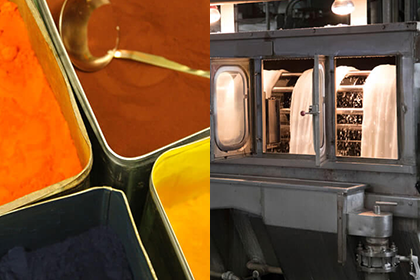 縦に2分割された画像。左からタオルを染めるために並べられた染料、業務用の大きな洗濯機