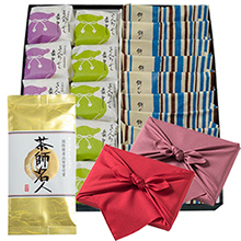 ＜ふるや古賀音庵＞餅のどら焼き10個・きんちゃく最中（小倉・胡麻 各10個）＋丸山製茶【茶師名人】【風呂敷包み】