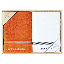BEAMS DESIGN（ビームス デザイン）　フェイスタオル2枚セット　［ラインドット：オレンジ］