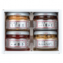 商品画像 新潟 加島屋　ビン詰4S-Hセット（ いくら醤油漬　小ビン× 1／帆立貝柱うま煮ほぐし　小ビン× 1／ さけ茶漬　小ビン× 1 ／ 一口筋子　小ビン × 1）