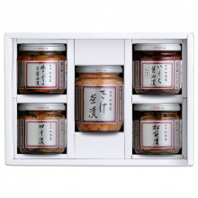 商品画像 新潟 加島屋　ビン詰BM5-07セット（ いくら醤油漬　中ビン× 1／ 切干漬　中ビン× 1／さけ茶漬　大ビン× 1／  焼きぶりの白醤油漬　中ビン × 1／ 松前漬　中ビン × 1）