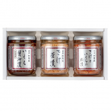 商品画像 新潟 加島屋　ビン詰3-Mセット（ いくら醤油漬　大ビン × 1／さけ茶漬　大ビン× 1／さけといくらの糀漬　大ビン × 1）