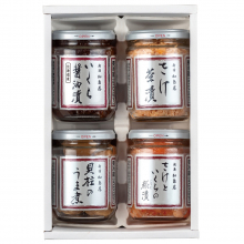 商品画像 新潟 加島屋　ビン詰4-Jセット（ いくら醤油漬　大ビン × 1／貝柱のうま煮　大ビン × 1／さけ茶漬　大ビン× 1／さけといくらの糀漬　大ビン × 1）