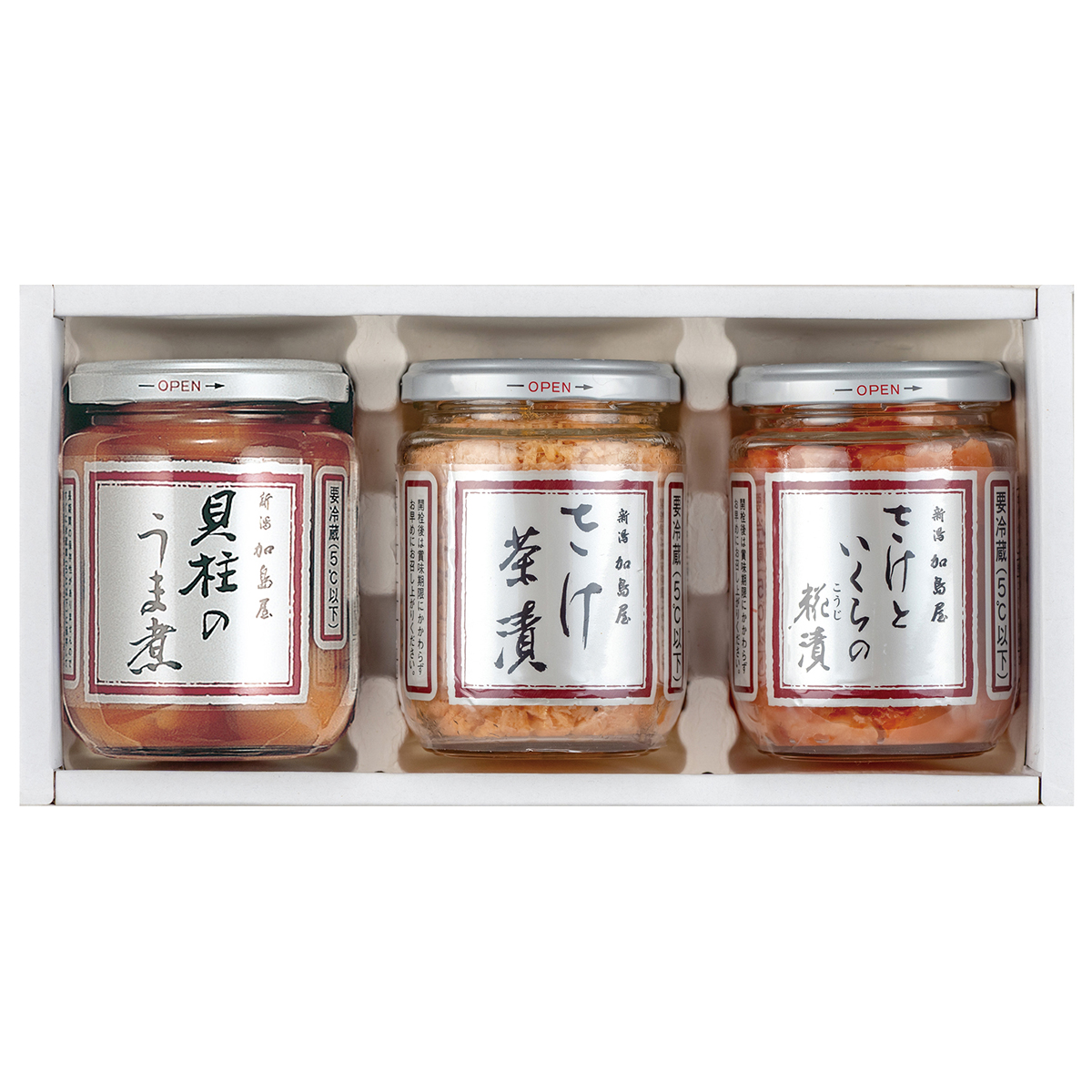 新潟 加島屋 ビン詰3-Jセット(さけ茶漬 大ビン× 1/貝柱のうま煮 大ビン × 1/さけといくらの糀漬 大ビン × 1) [CONCENT ...