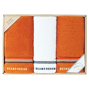 BEAMS DESIGN（ビームス デザイン）　フェイス・ウォッシュタオルセット　［ラインドット：オレンジ］