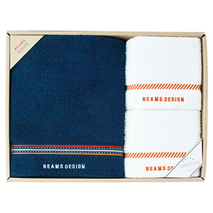 BEAMS DESIGN（ビームス デザイン）　バス・フェイス（2枚）タオルセット　［ラインドット：ネイビーブルー］